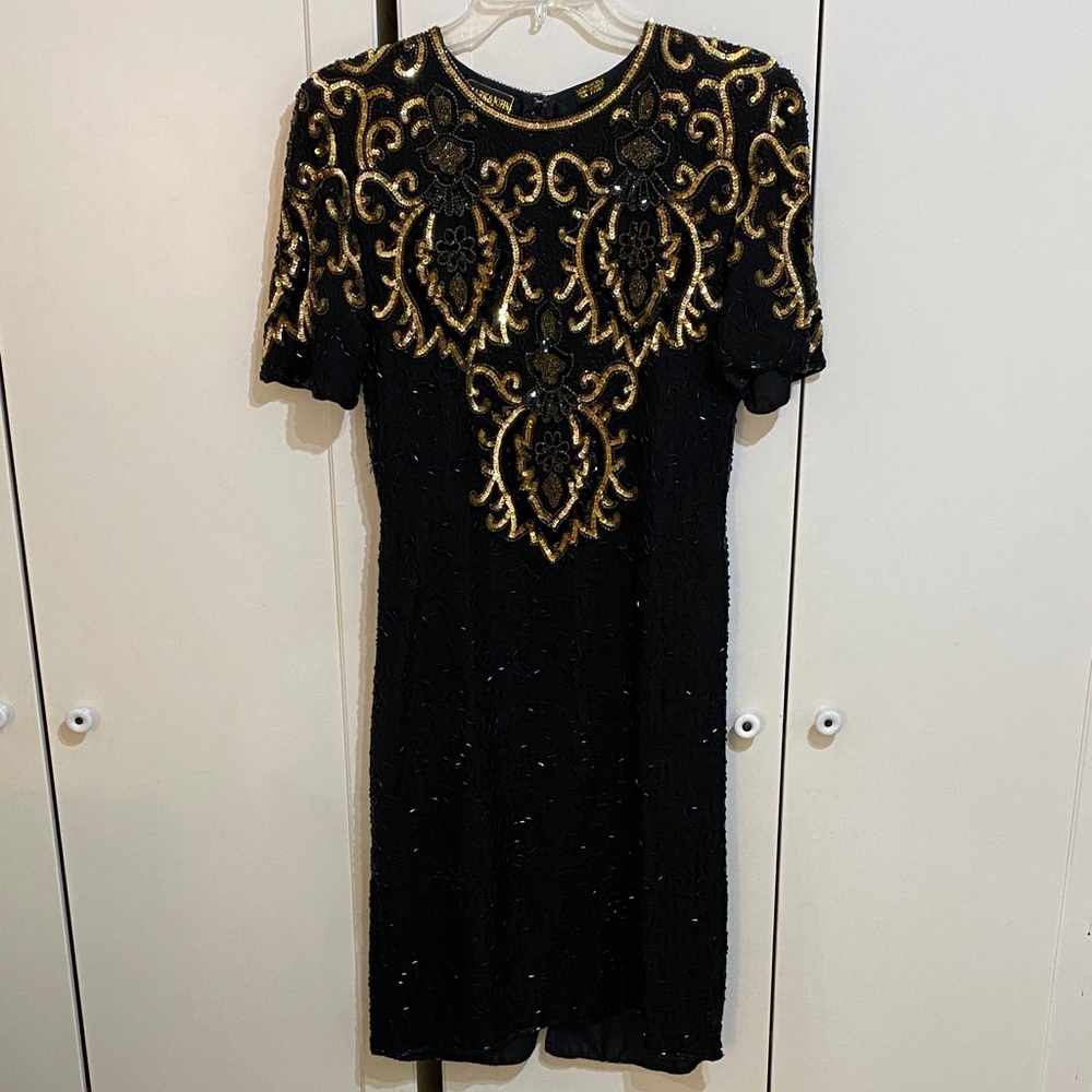 VINTAGE Mark & John by Sam 100% Pure Silk Black Gold Sequin Glam Beaded Dress